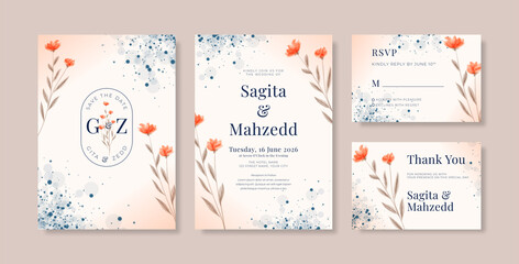 Wedding invitation template with watercolor orange flower