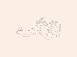 Abstract Beauty Face Of Fashion Floral Girl Skincare Cosmetic Facial Feminine Line Drawing Logo