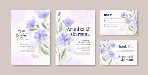 Fototapeta na wymiar Beautiful purple wedding invitation template with floral bouquet watercolor