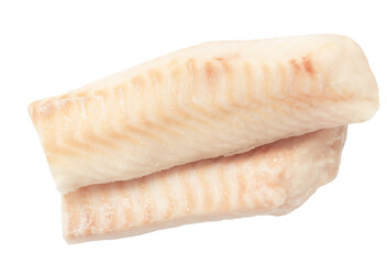 Pieces of frozen fish isolated on white background. Cod fish fillet.