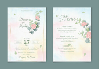 Wedding invitation card template set with watercolor and floral decoration. Flowers illustration for save the date, greeting, poster, and cover design  Abstract Background.
