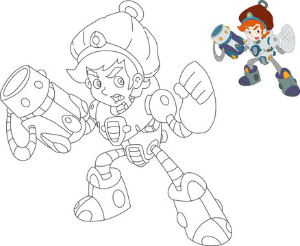 cyborg boy vector drawing for coloring book.