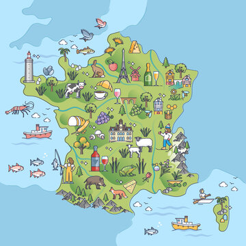 France country typical tourist places and borders geography outline map. French earth topography with nature, animals, cheese, wine and architecture elements vector illustration. Tourist travel items.