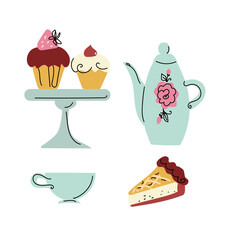 Afternoon tea Stand set with cakes, coffee house icons of chocolate desserts