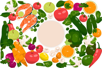 Healthy food set for a mediterranean diet. Flat design vector illustration of fruit, vegetable, egg, red fish, mushrooms on white background