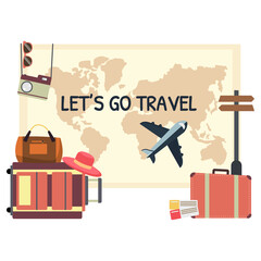 Let's go travel the world vector design. Travel and explore the world in different countries and destinations with traveling elements like bags and transportation