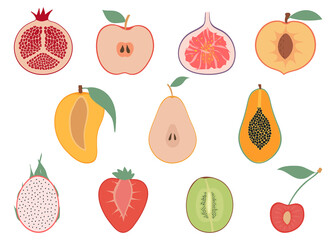 Set of colorful fruit halves, flat design icons collection. Strawberry, papaya, dragon fruit, mango, cherry, pear, fig, pomegranate, kiwi, peach, apple.