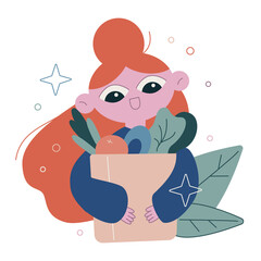 Vector flat illustration isolated on white. The girl carries a bag of groceries. Healthy food selection. Healthy food.