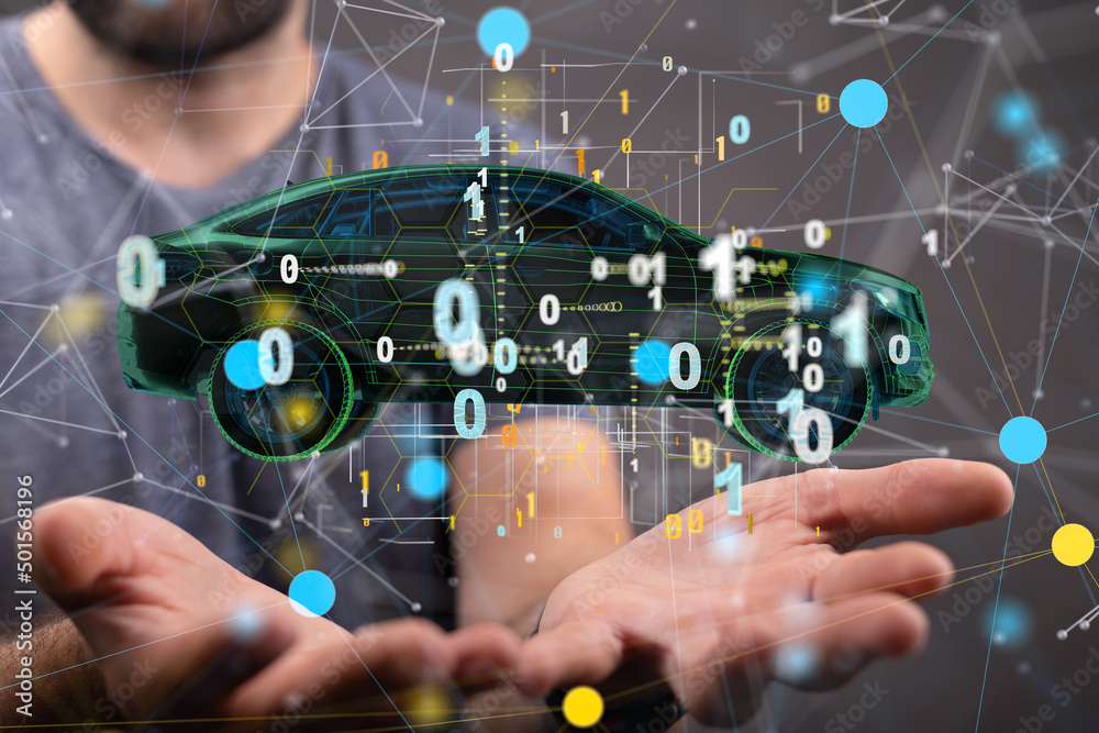 Poster Autonomous car with HUD graphic of Navigation system driving