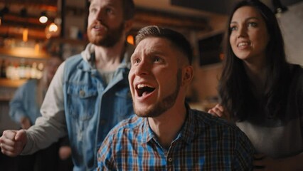 Portrait of a bearded male fan watching football in a bar with friends. World Cup, football, hockey, basketball. Sports fans upset about favorite sports team losing match, watching game in pub - Powered by Adobe