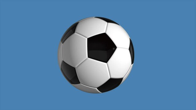 The soccer ball rotates on a blue background. 3D render.