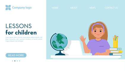 Online Lesson for children banner. Girl have online learning using laptop. Vector illustration in flat style