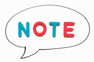 Alphabet letter with word note in black line hand drawing as bubble speech on white board background