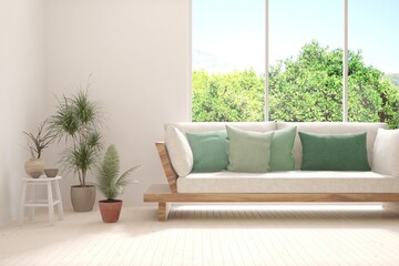 Stylish room in white color with sofa and summer landscape in window. Scandinavian interior design. 3D illustration