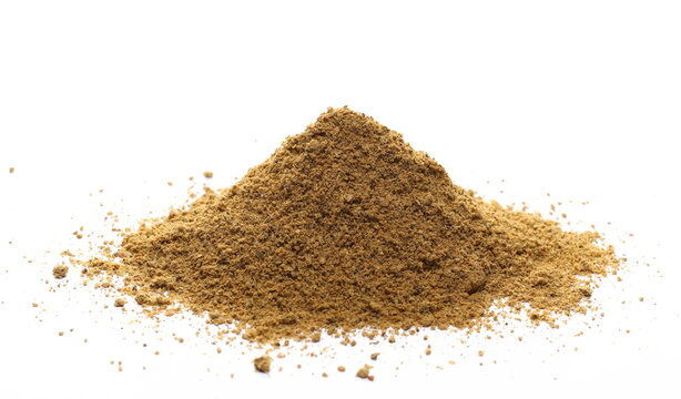 Tikka masala spice powder mix, coriander, cumin, garlic, red pepper chili, mint, black pepper and ginger isolated on white