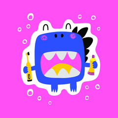 Cute cartoon dinosaur with toothbrush and toothpaste. A picture with sparkles in the form of spots. Cute baby illustration in flat style. Sticker, merch, promotional sticker for brushing your teeth.