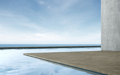 Plakat Empty concrete floor for car park with pool. 3d rendering of abstract building with sea and blue sky background.