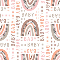 Seamless pattern with rainbows and inscriptions "baby" on a white background. Vector illustration.