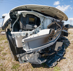 Artistic view of the car crash. Wide angle lens close up of the vehicle front after accident. Front...