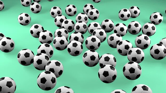 Many balls are falling on a green background. Football background. 3D render animation.