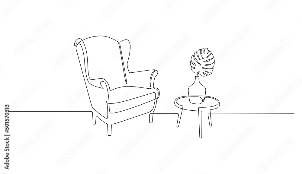Poster Continuous one line drawing of armchair and table with vase with monstera leaf. Retro stylish furniture for living room or cozy hotel concept in simple linear style. Doodle vector illustration