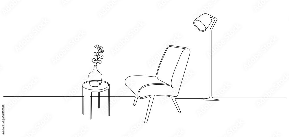 Poster Continuous one line drawing of armchair and table with vase and floor lamp. Scandinavian stylish furniture for living room or hotel concept in simple linear style. Doodle vector illustration
