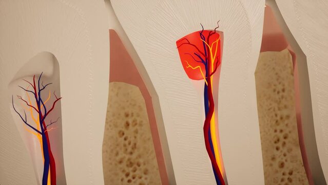 Toothache. Anatomical detailed section of the teeth. Nerve inflammation. 3D animation