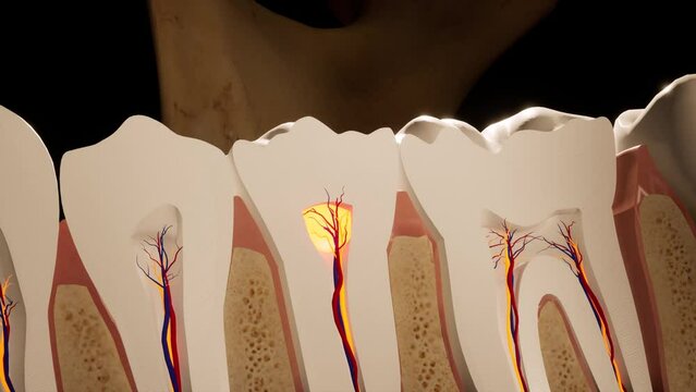 Toothache. Anatomical detailed section of the teeth. Nerve inflammation. 3D animation