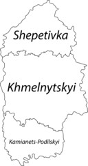 White flat vector map of raion areas of the Ukrainian administrative area of KHMELNYTSKYI OBLAST, UKRAINE with black border lines and name tags of its raions