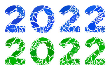 Nature 2022 digits text icon collage of floral leaves in green and natural color hues. Ecological environment vector template for 2022 digits text icon.