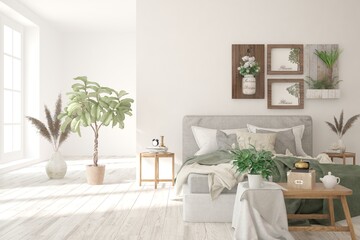 Soft color bedroom interior. Scandinavian design. 3D illustration