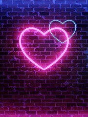 Neon heart. Bright night neon on brick wall