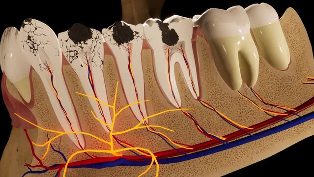 Molar teeth damaged by caries. Medically accurate tooth 3D animation