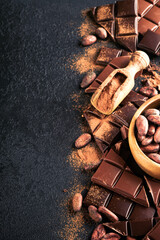 Chocolate . Composition of cocoa powder, grated and bean cocoa bars and pieces of different milk...