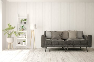 White living room with sofa. Scandinavian interior design. 3D illustration