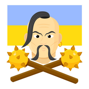 Vector portrait of a Ukrainian Cossack on the background of the national flag