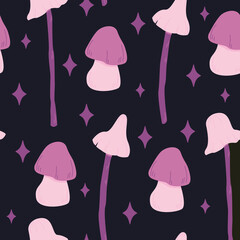 Seamless pattern magic hallucinogenic mushrooms. Fantasy cute elements. Cute cartoon mushrooms on the grass. Modern design print for cloth, wallpaper, decor interior. Hippie style. Vector flat.