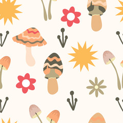 Seamless pattern magic hallucinogenic mushrooms. Fantasy cute elements. Cute cartoon mushrooms on the grass. Modern design print for cloth, wallpaper, decor interior. Hippie style. Vector flat.