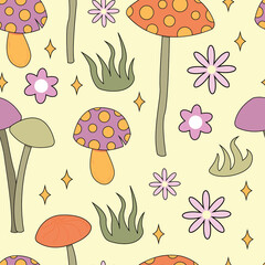 Seamless pattern magic hallucinogenic mushrooms. Fantasy cute elements. Cute cartoon mushrooms on the grass. Modern design print for cloth, wallpaper, decor interior. Hippie style. Vector flat.