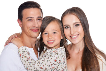 Happy family of three on white background