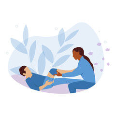 Patient lying in hospital with nurse or medical doctor visiting. Injury rehabilitation. Recovery exercise. Vector illustration with white background.