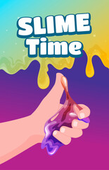 Slime time poster children hand playing handmade sticky gum toy vector flat illustration