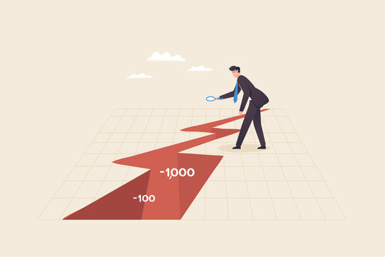 Financial volatility data analysis, financial crisis, money loss, risk assessment. Businessman holding a magnifying glass looks at a chart showing the volatile stock market.