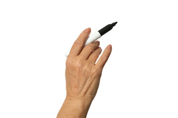 Female hand holding black marker pen isolated on white background