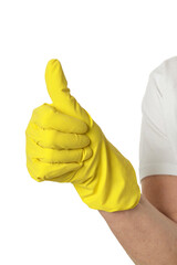 Hands in yellow gloves showing thumbs up on white background