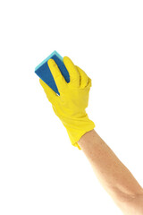 Hand in yellow glove with sponge on white background