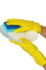 Hands in yellow gloves washing dish isolated on white background