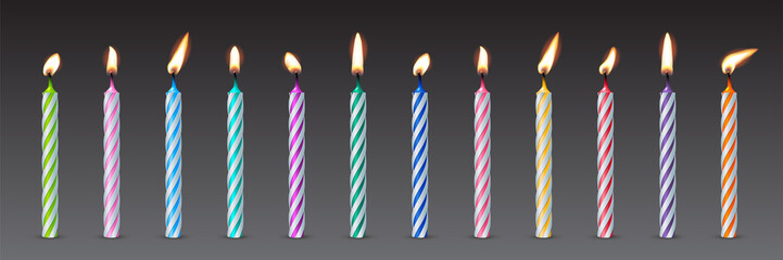 3d realistic colorful candles for birthday cake, holiday candles with burning flames