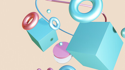 Abstract background floating geometric shapes in shiny colored background shapes 3d on purple background ,3d rendered illustration