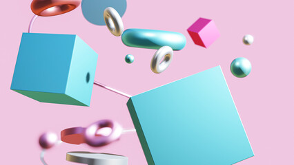 Abstract background floating geometric shapes in shiny colored background shapes 3d with copy space on purple background ,3d rendered illustration